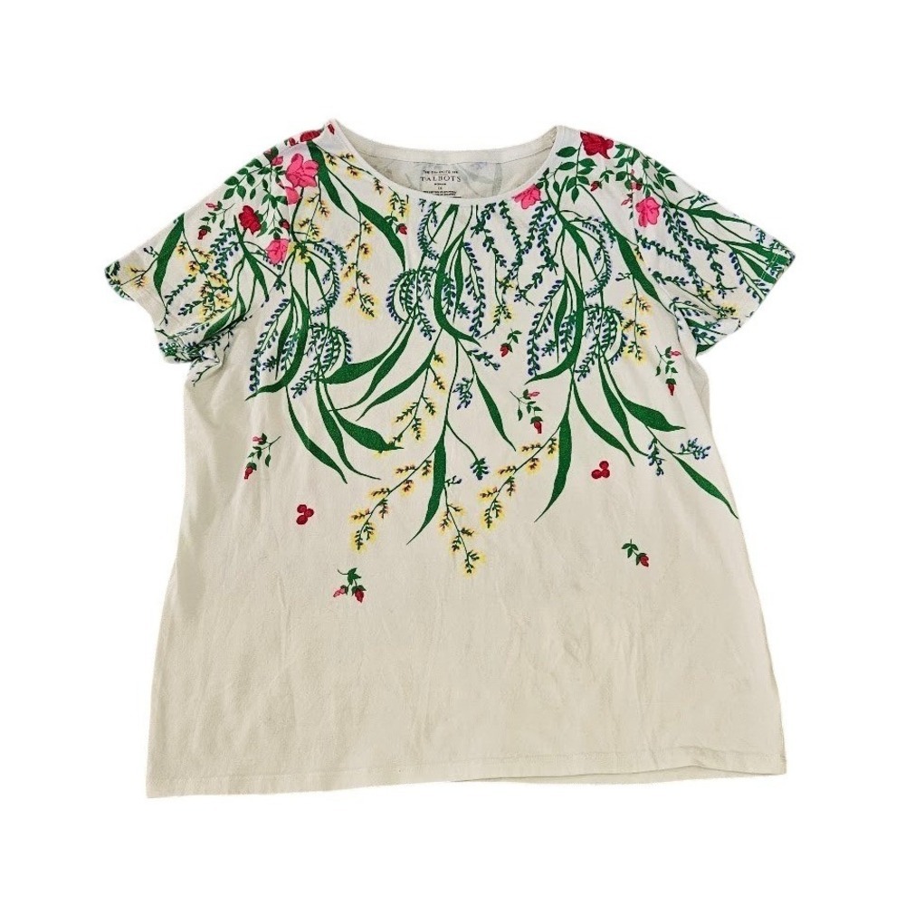 The Talbots Tee Woman 1X Floral Botanical Print Short Sleeve Cream Cotton
